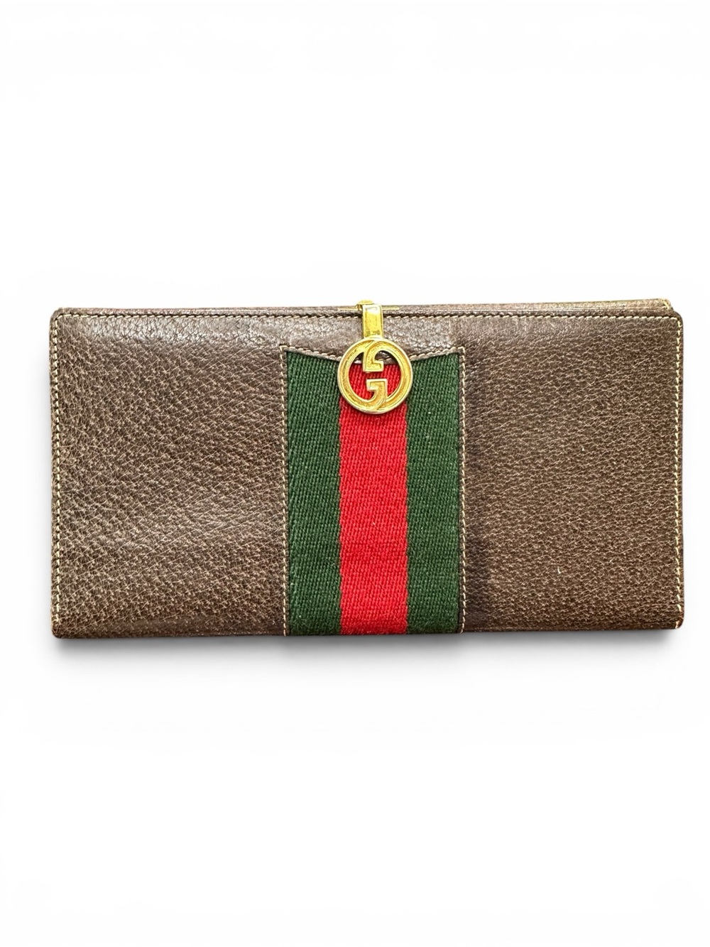 Vintage Gucci Web Stripe Continental Wallet Brown Leather Made In Italy